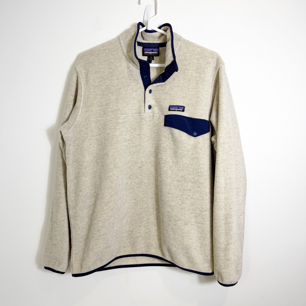 Patagonia Synchilla Fleece Men Medium Oatmeal Navy Snap-T Pullover Jacket